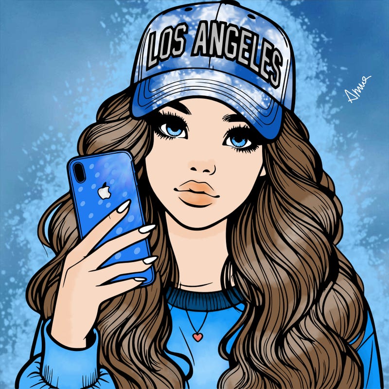 realistic beautiful girl wearing los ángeles cap holding an iphone