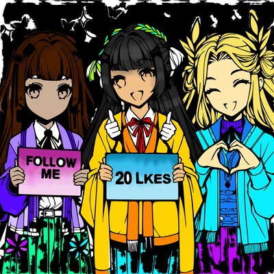 an anime girl with a sign that says follow me, and next to her another anime girl with a sign that says 20 likes please, then in the middle between the other girls there is an anime girl who is making a heart symbol with her hands 🫶🏻