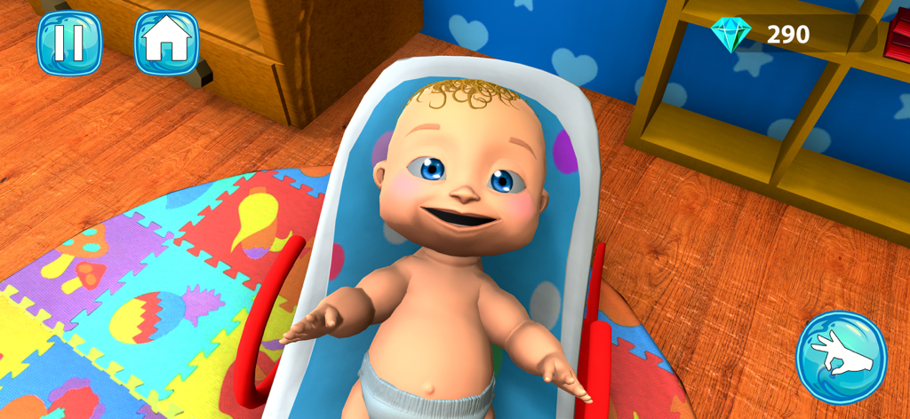 Mother Simulator Babysitter - Un bebé animado en 3D sonriendo en una mecedora del juego Mother Simulator.