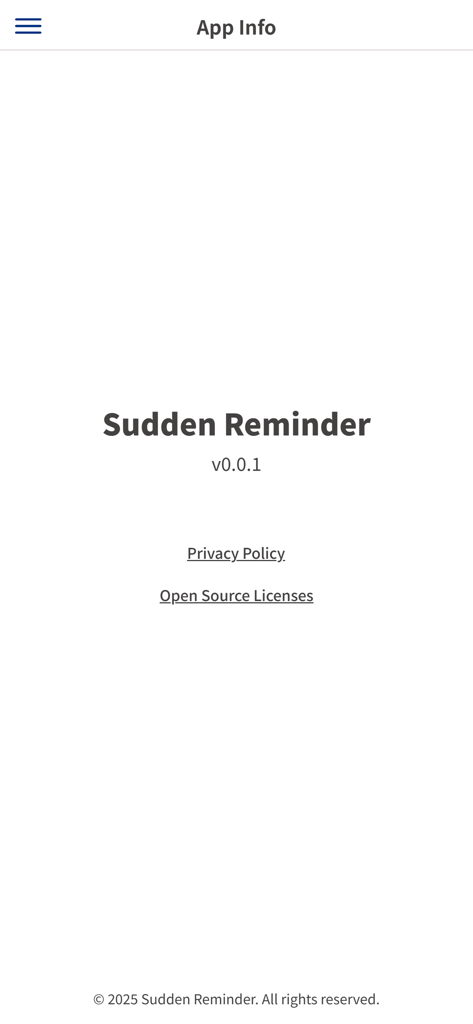 Sudden Reminder - App Info screen for the Sudden Reminder app showing version number and legal policy links