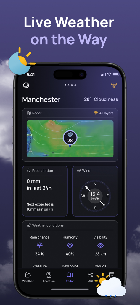 NOAA Weather Radar, Forecast - Interfaz de la aplicación NOAA Weather Radar que muestra el radar de pronóstico meteorológico en vivo y detalles de la velocidad del viento.