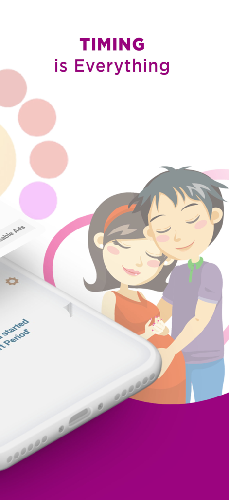 MyDays X - An illustration of a pregnant couple with a smartphone showing the MyDays X ovulation and period tracking app