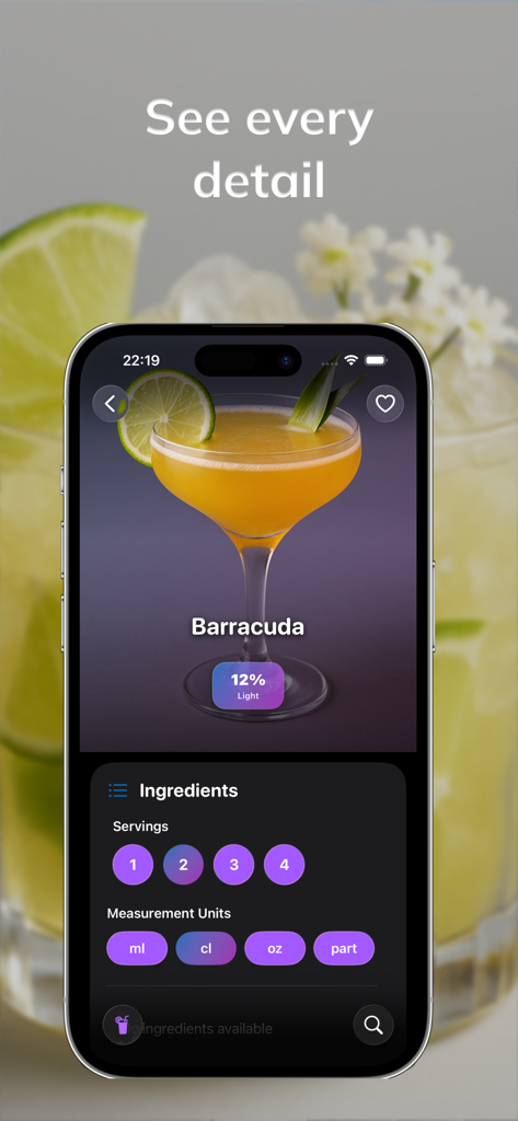 Mixly: Cocktail Recipes - Mixly app interface showing a Barracuda cocktail recipe with options to adjust servings and measurement units