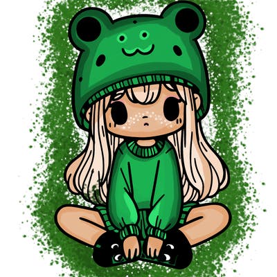 a girl wearing a frog hat and some frog socks