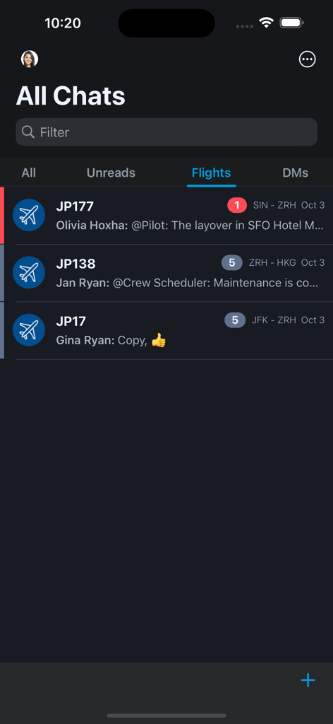 Jeppesen FlightChat - A mobile interface for the Jeppesen FlightChat app displaying a list of active flight chat rooms with flight numbers and route details.