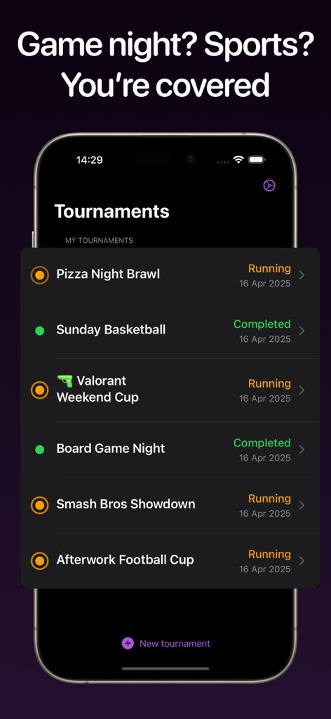 A list of gaming and sports tournaments within the Clashly app showing current progress and status.