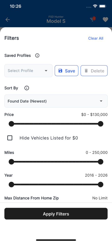 FSD Hunter app screen showing search filters for used Tesla price mileage and year