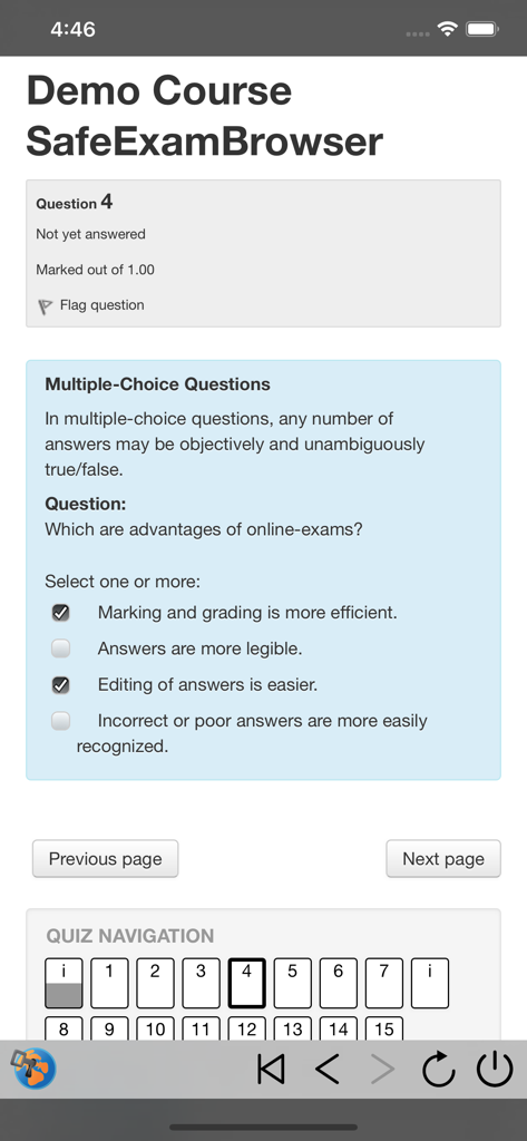 SafeExamBrowser - Écran de question d'examen à choix multiples dans l'application SafeExamBrowser montrant la navigation dans le quiz et les options d'évaluation.