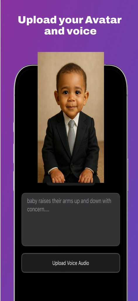 Talkie AI: Avatar Video - Ein Screenshot der Talkie AI App-Oberfläche, der ein hochgeladenes Babyfoto in einem Anzug mit Optionen zum Hinzufügen von Audio und Animations-Prompts zeigt.