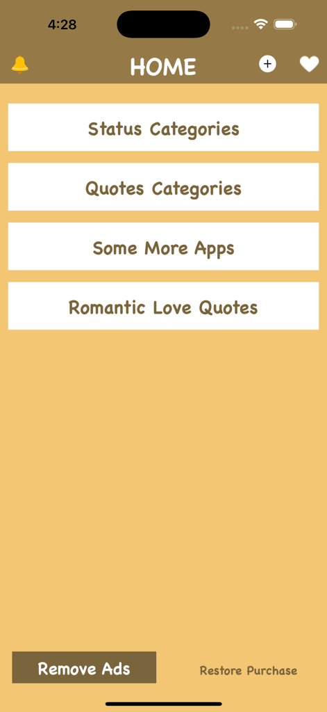 Best Status & Cool Quotes fact - Home screen of the Best Status and Cool Quotes app featuring buttons for status categories and romantic love quotes