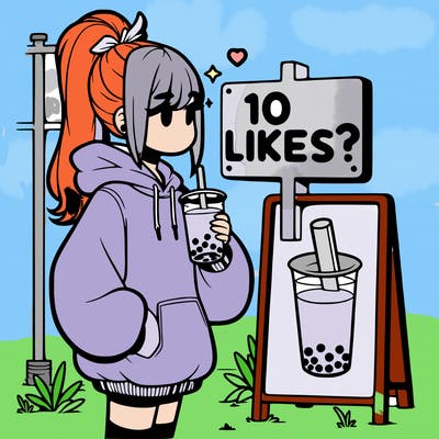 girl with oversized hoodie drinking boba and she has a high ponytail with a sign that says 10likes?