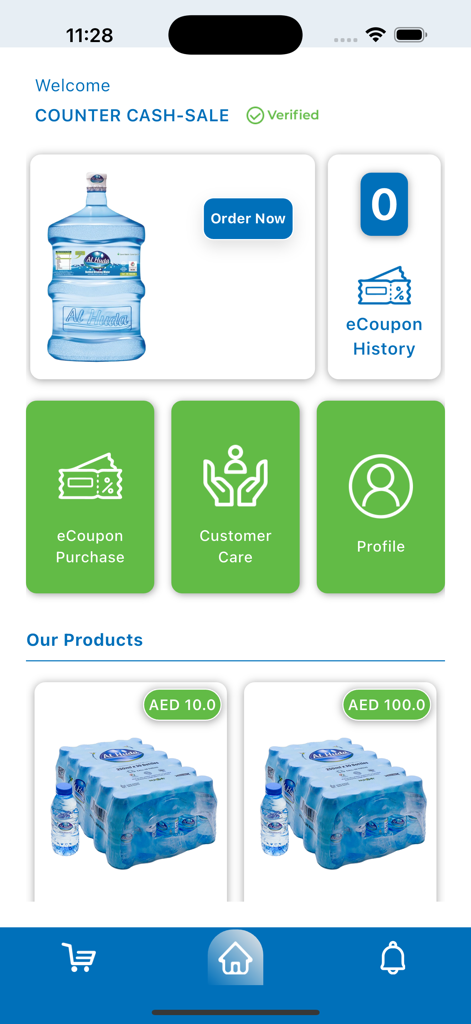 AL HUDA WATER - Home screen of the Al Huda Water delivery app showing water product listings and coupon options.