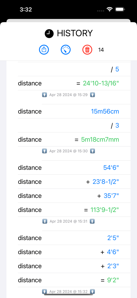 Construction Calc - Calculation history log in the Construction Calc app showing a list of distance measurements in feet and inches.