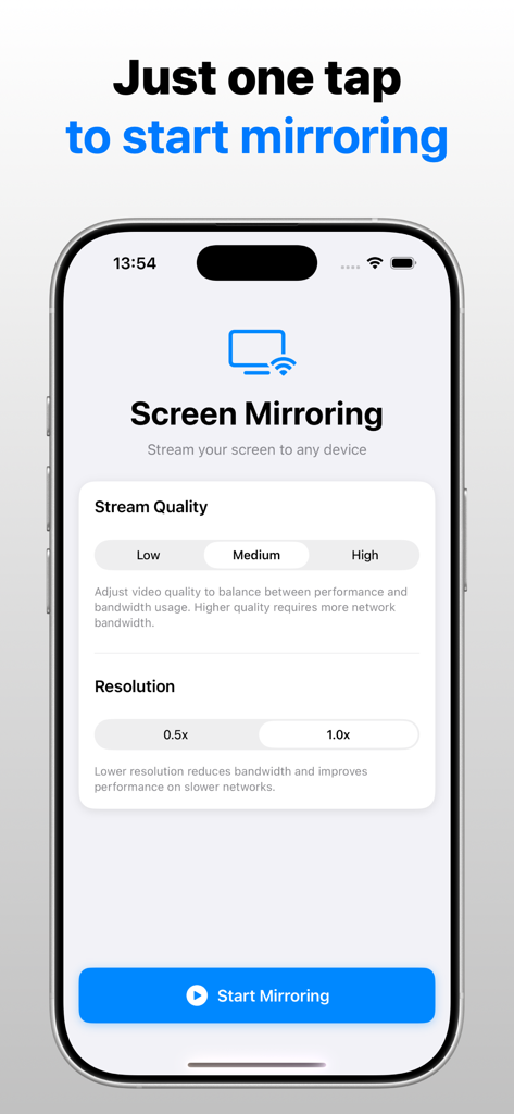 Screen Mirroring to Any Device - Interfaz de la aplicación Duplicación de Pantalla mostrando la calidad de transmisión y la configuración de resolución con un botón de iniciar duplicación