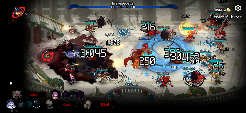 DungeonSquad - Action packed pixel art battle in DungeonSquad featuring monsters fighting heroes with floating damage numbers and a boss health bar