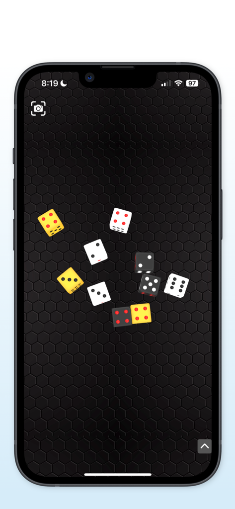 Dice Roller 3D: Yahtzee, Ludo - 3D dice rolling app showing yellow white and black dice on a hexagonal background