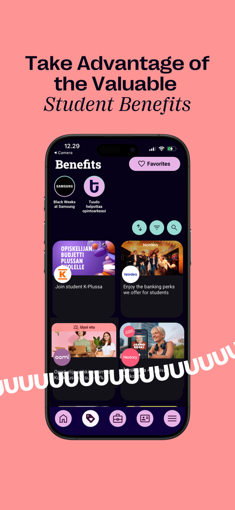 Tuudo app screen displaying exclusive student benefits and brand discounts