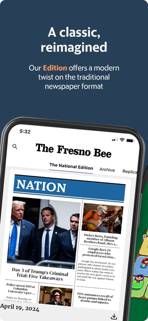 Fresno Bee News - The Fresno Bee News app displaying the digital edition on a smartphone screen.