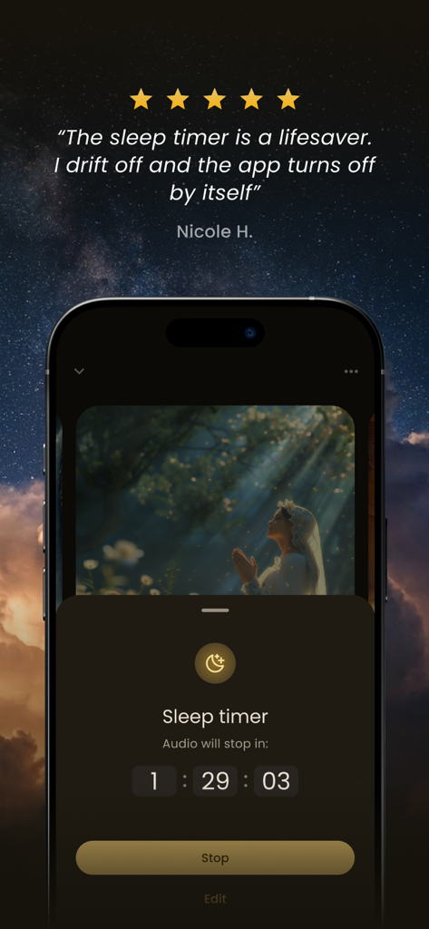BeBlessedMe - BeBlessedMe 앱의 취침 타이머 기능 스크린샷, 별점 5개 사용자 리뷰 포함