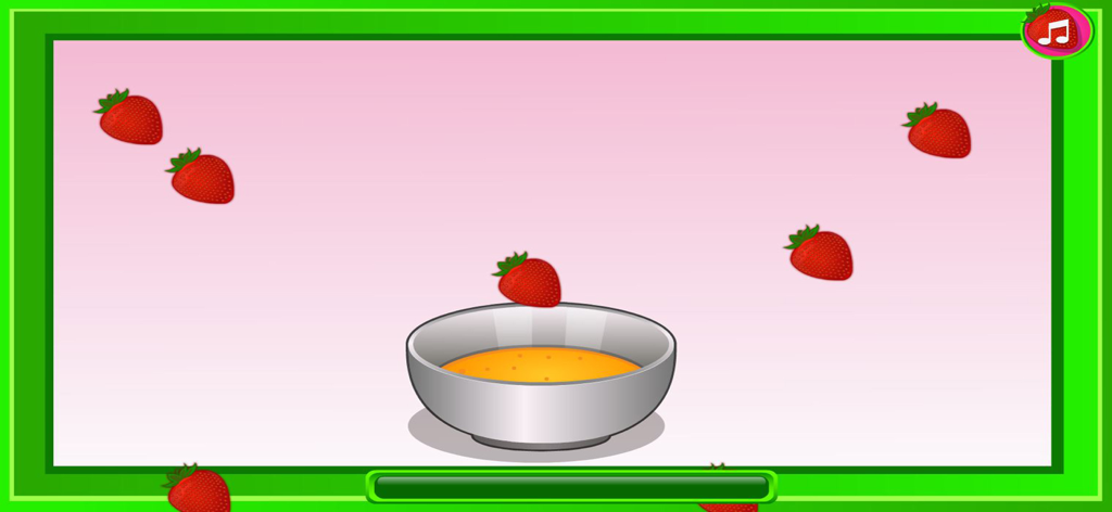 Cooking strawberry short cake - A silver bowl with orange batter and cartoon strawberries in a cooking game for kids
