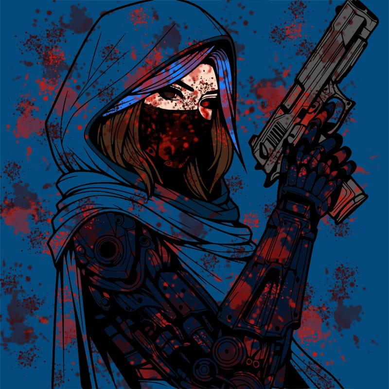 realistic female assassin with metal arm with a cape holding a gun