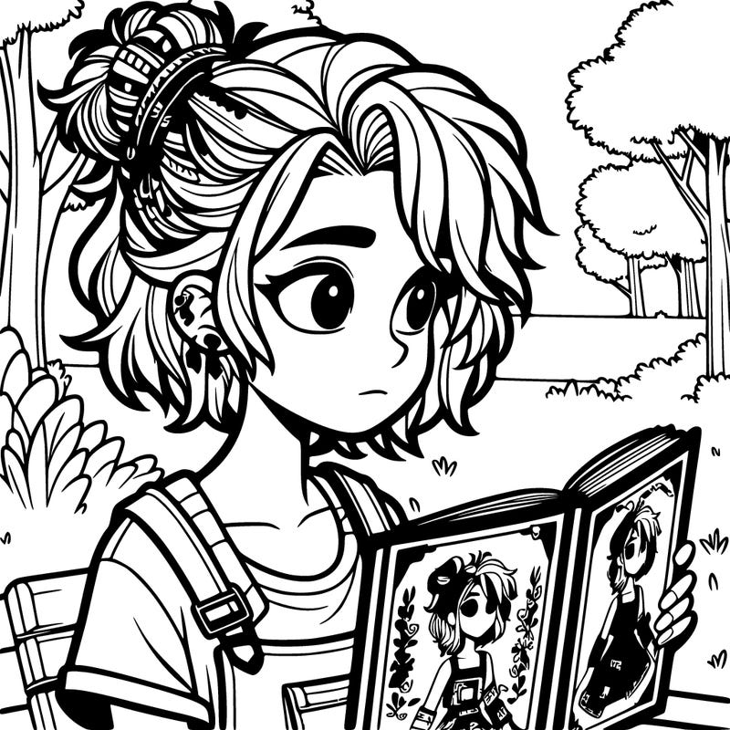 10year old with medium hair and overalls reading "harry potter" in a park with messy bun t-shirt pierced ears