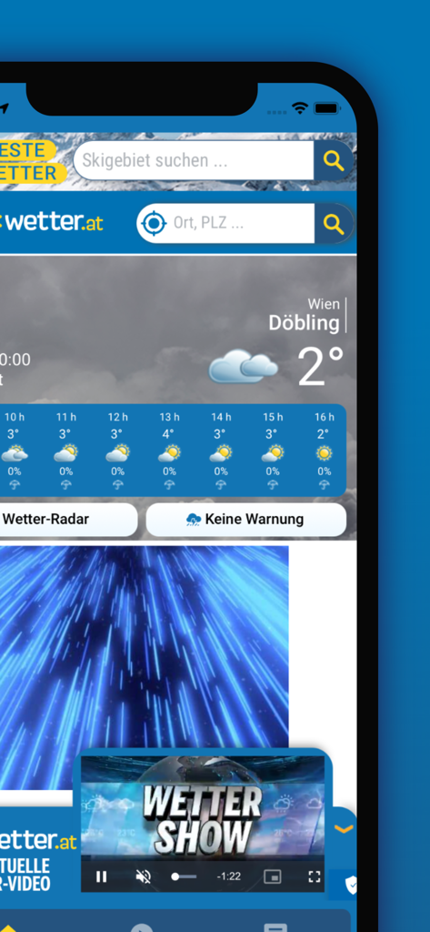 wetter.at - 비엔나의 현재 온도와 시간별 날씨 예보를 보여주는 wetter.at 모바일 앱 인터페이스