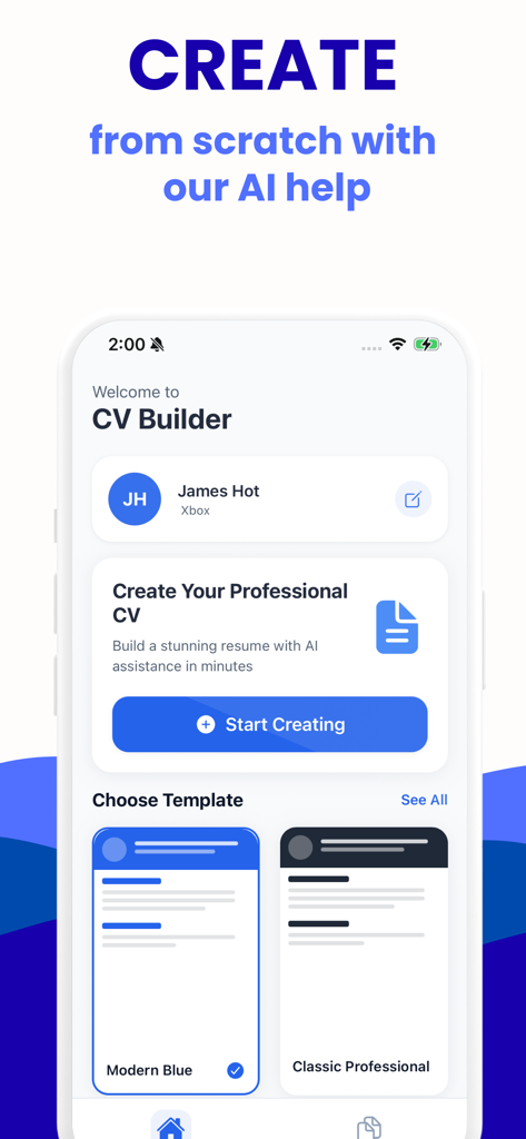 CV Builder: AI Resume Maker - The home screen of the CV Builder app showing the AI resume creation feature and modern templates.