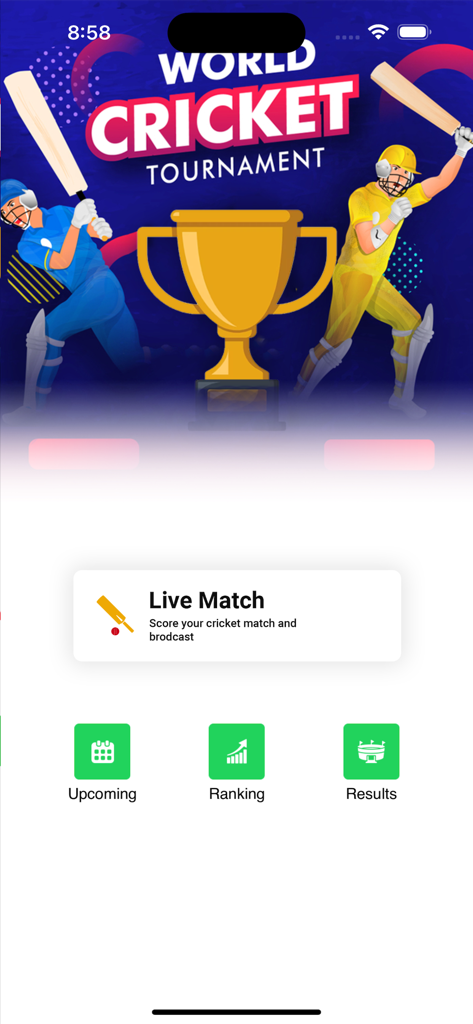 Live Cricket Score - Live Line - Dashboard of Live Cricket Score app showing world tournament trophy and navigation for live matches and rankings