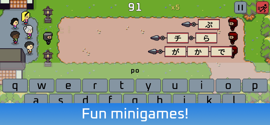 Wagotabi: Learn Japanese - A pixel art ninja minigame for practicing Japanese characters in the Wagotabi app