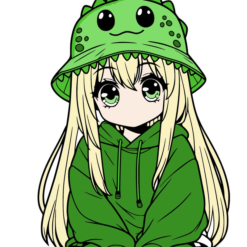 girl with anime shaped eyes with a dinosaur bucket hat oversized sweatshirt long straight hair