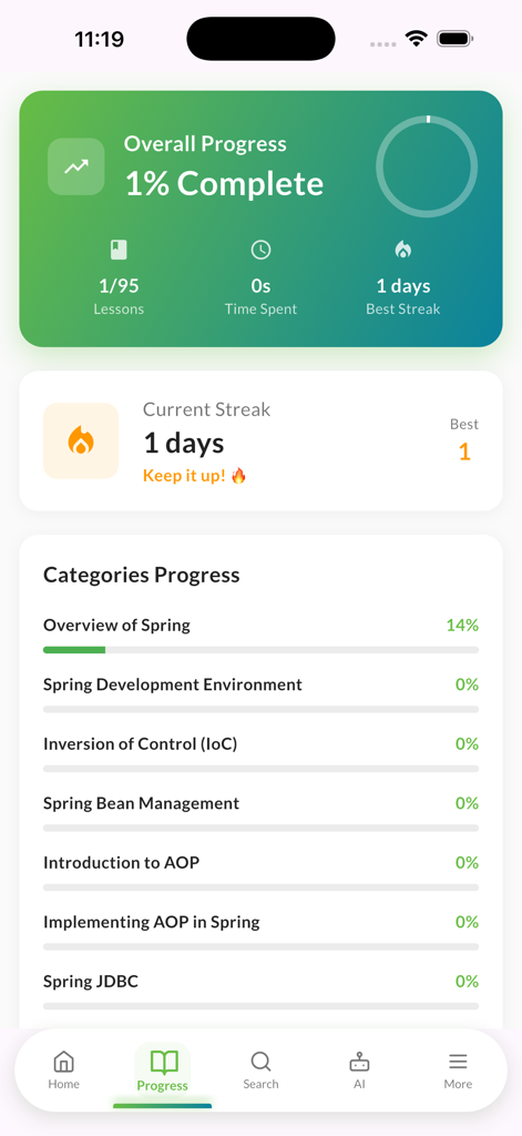 Der Fortschrittsverfolgungsbildschirm der Learn Spring Java App, der den gesamten Kursabschluss und spezifische Themenmeilensteine wie Inversion of Control und Spring JDBC anzeigt.