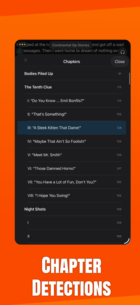 Alchemy: EPUB Reader & TTS - Smartphone screen displaying the chapter detection menu in the Alchemy EPUB Reader app