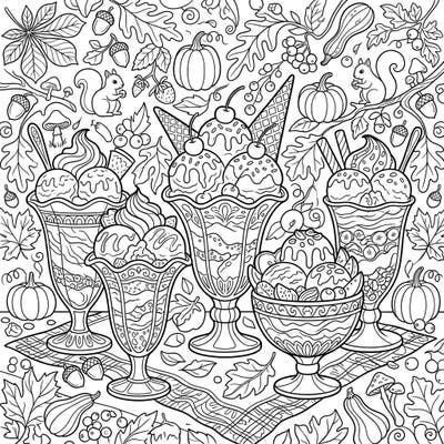 Dive into the cozy vibes of autumn with this charming coloring page featuring an array of delectable sundaes. Perfect for a relaxing creative break during the fall season.