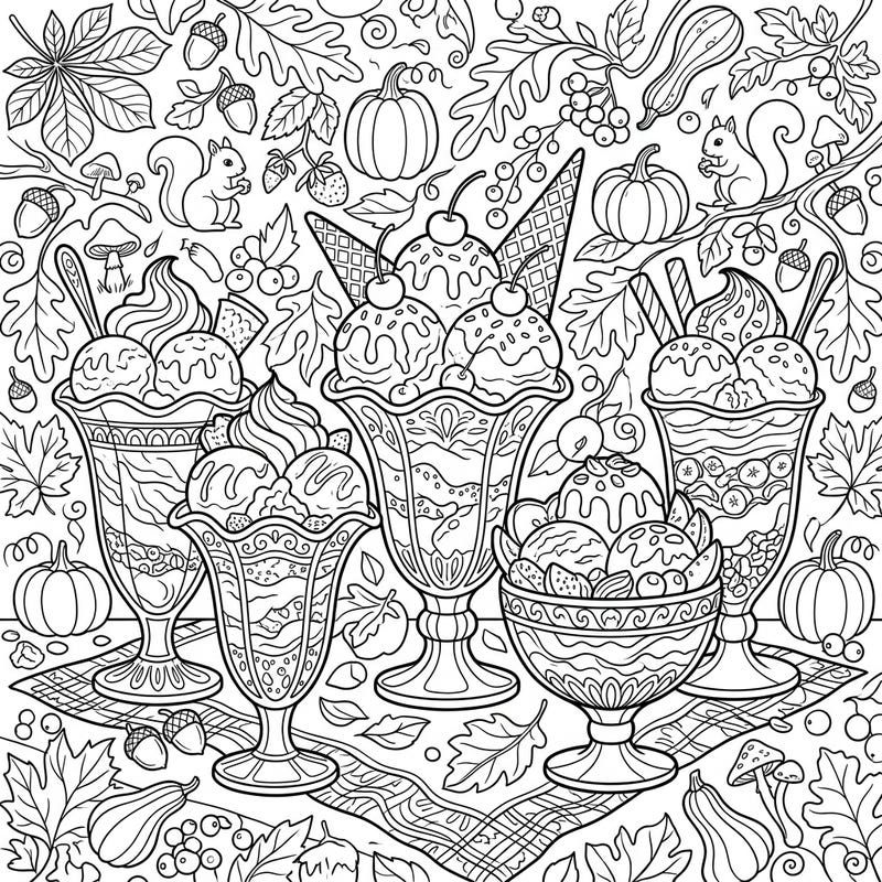 Dive into the cozy vibes of autumn with this charming coloring page featuring an array of delectable sundaes. Perfect for a relaxing creative break during the fall season.