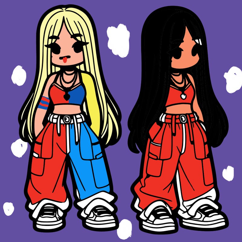 girl in baggy pants crop top and long hair