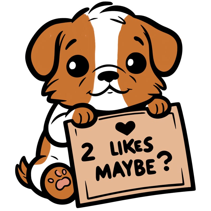 a puppy holding a sign that says 2 likes maybe?