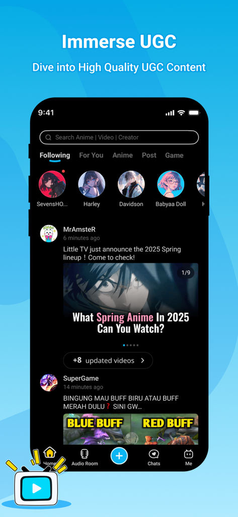 Bilibili App-Screenshot, der einen Social-Following-Feed mit Anime-Stil-Avataren und Community-Posts über Anime und Spiele zeigt