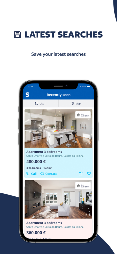 SUPERCASA - SUPERCASA app interface showing recently seen real estate listings in Portugal with search saving features