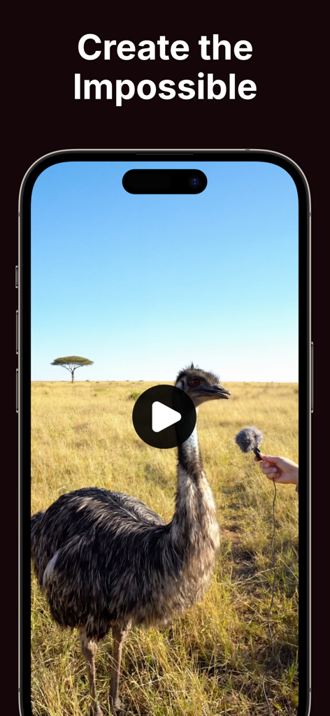 Clipro - AI Video Maker - Tela de smartphone exibindo a interface do aplicativo Clipro com um vídeo gerado por IA de um avestruz em uma paisagem de savana.