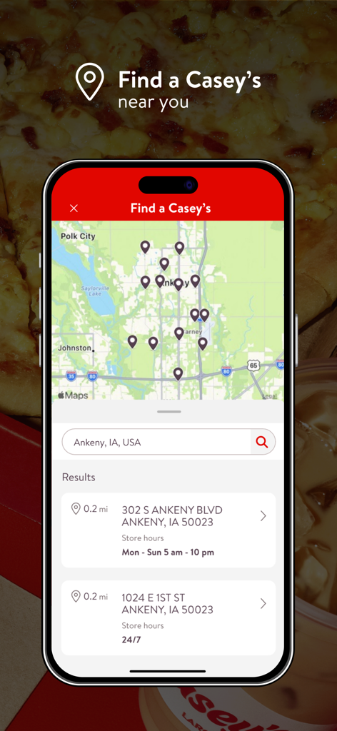 Casey's app store locator showing a map and list of nearby store locations in Ankeny Iowa