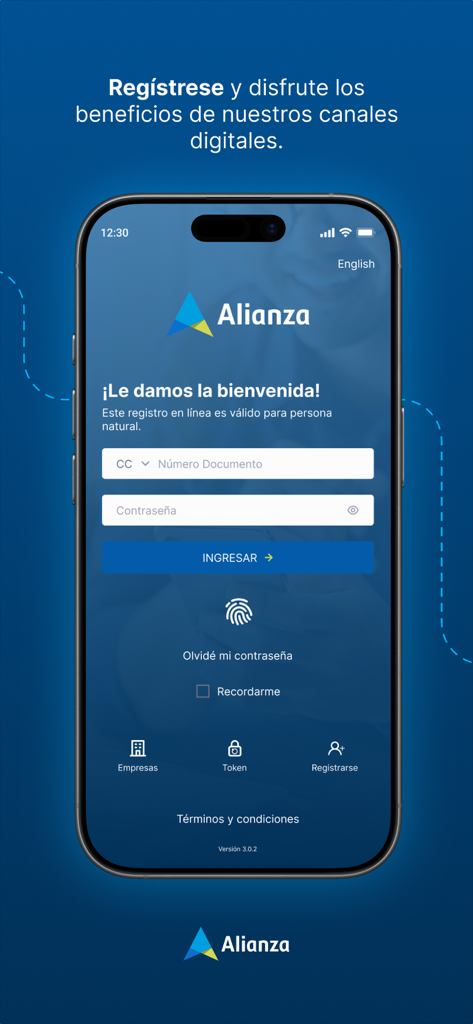 Alianza Móvil - Pantalla de inicio de sesión de la aplicación Alianza Móvil que muestra el mensaje de bienvenida y los campos de entrada segura para número de documento y contraseña.