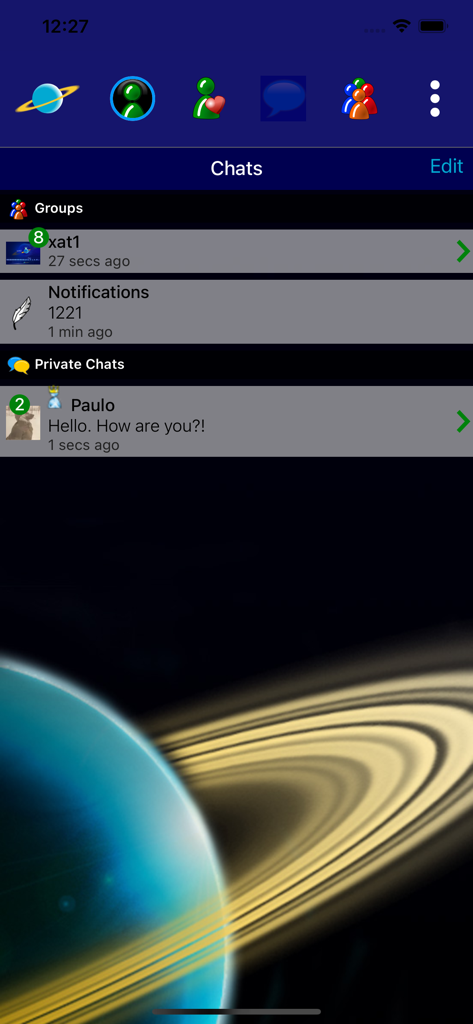 Interface of the xat app showing a list of group chats and private messages with a space theme background