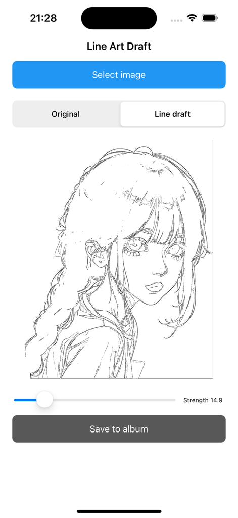 Line Art Draft - Line from Pic - Die Benutzeroberfläche der App Line Art Draft zeigt ein Anime-Mädchenporträt, das in eine saubere Linienzeichnung umgewandelt wurde.