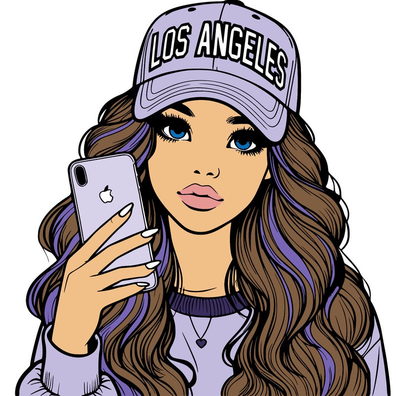 realistic beautiful girl wearing los ángeles cap holding an iphone