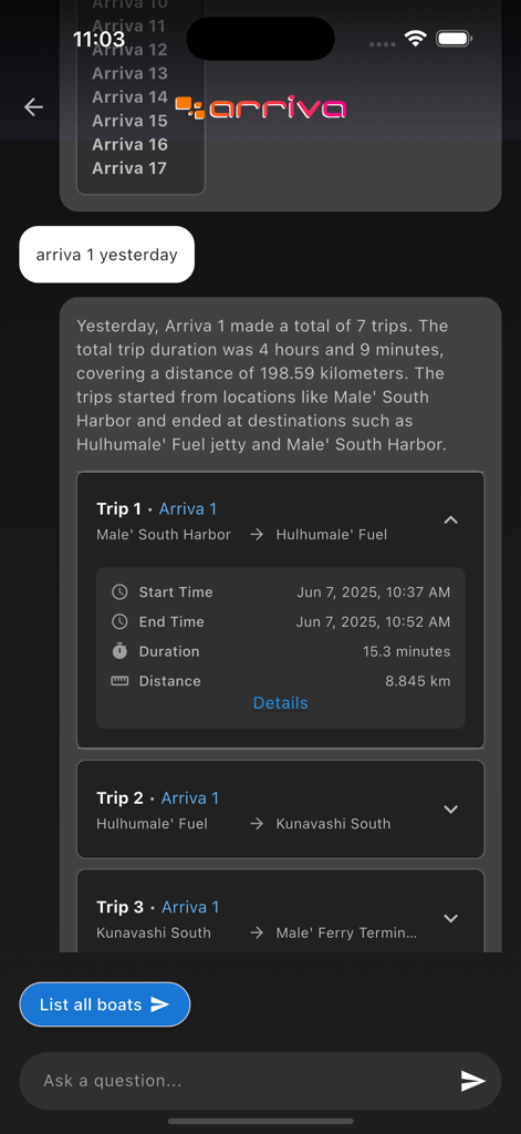 Interfaz de la aplicación Arriva Manager que muestra el historial de viajes y las estadísticas de viaje para una flota de lanchas rápidas