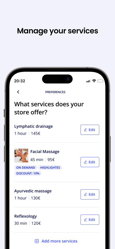 sheerME Pro - Interface do aplicativo sheerME Pro para profissionais de bem-estar gerenciarem e listarem seus serviços como massagens e preços