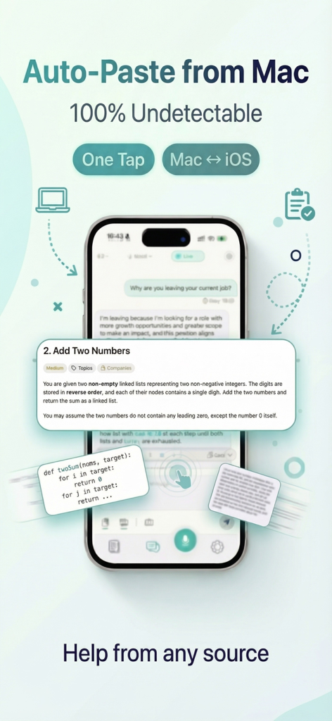 Interview AI Copilot: IT Buddy - Interview AI Copilot app showing auto-paste from Mac feature for technical coding interview support