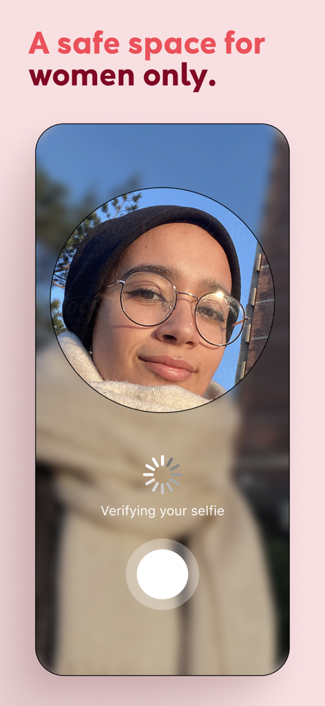 Peanut app selfie verification screen showing a woman's face and the text A safe space for women only