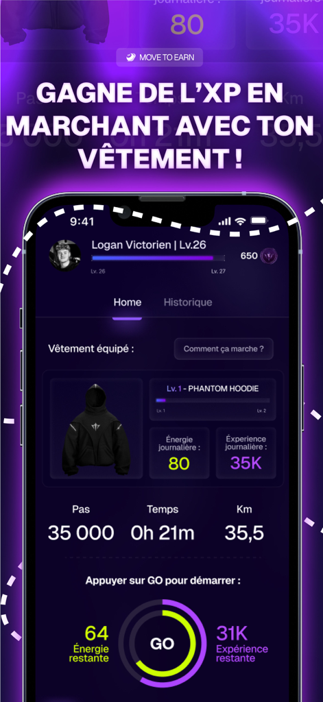 Arntreal mobile app interface displaying a move to earn dashboard with activity stats and digital clothing XP.